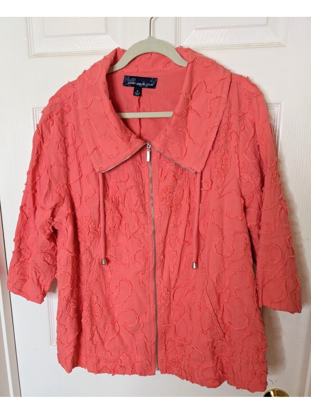 Susan Graver Women's Coral Pink Textured Lightweight Jacket 3/4 Sleeves Size 1X
